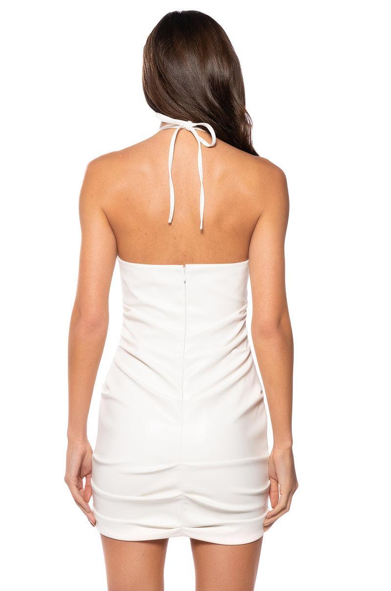 PEEKABOO RUCHED HALTER MINI DRESS IN WHITE Product Image