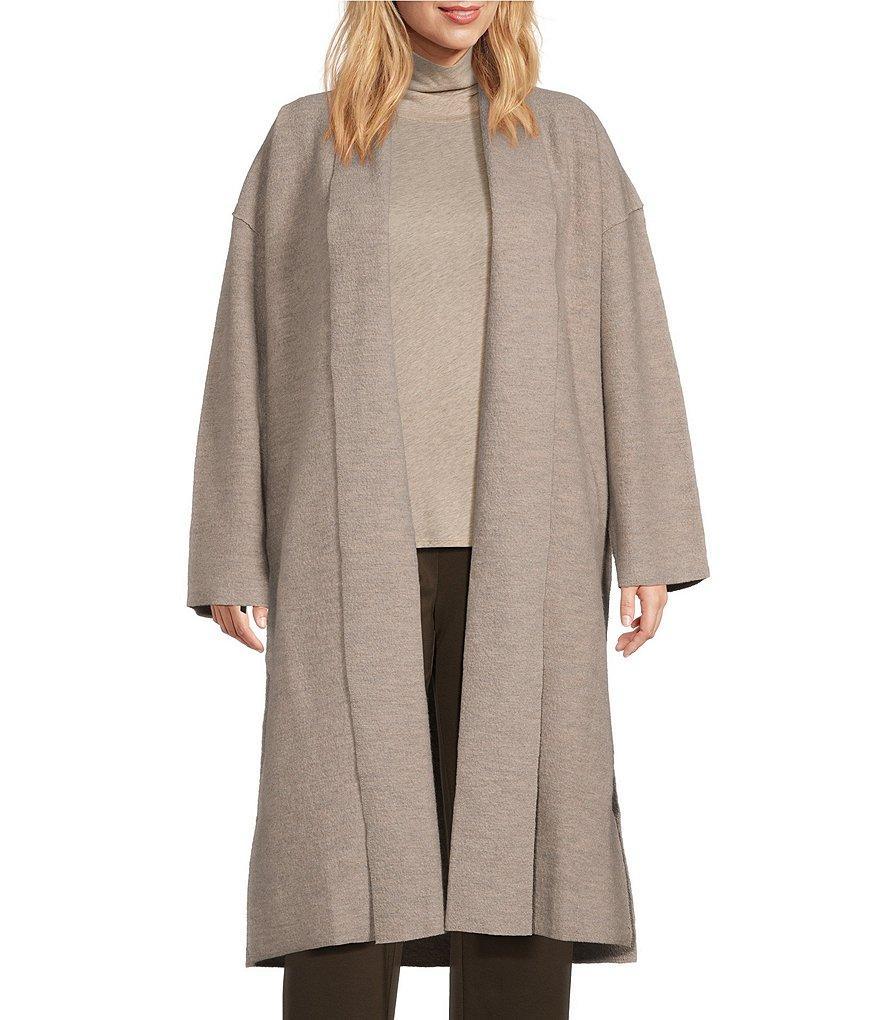 Eileen Fisher Plus Size Soft Wool Stand Collar Long Sleeve Side Pocket Open-Front Long Coat Product Image