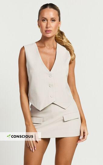 Melinda Top- Recycled Tailored Button Through Vest Top in Stone Product Image