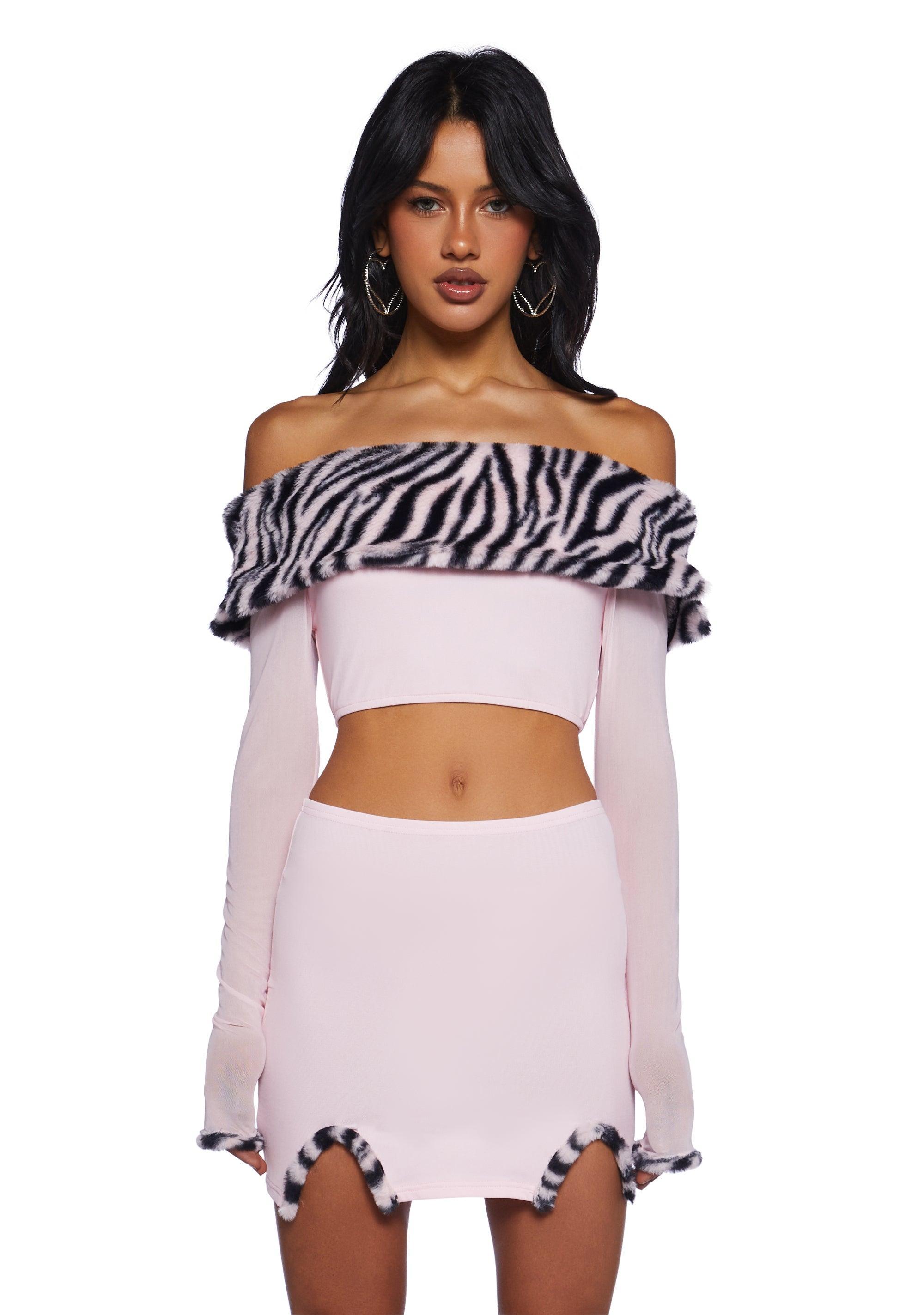 Sexy Womans Stretchy Knit Zebra Faux Fur Trim Off-The-Shoulder Long Sleeve Crop Top Mini Skirt Set - Pink Product Image