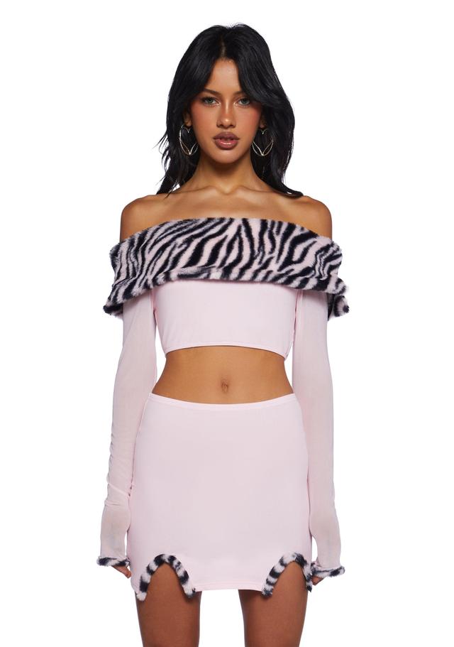 Sexy Womans Stretchy Knit Zebra Faux Fur Trim Off-The-Shoulder Long Sleeve Crop Top Mini Skirt Set - Pink Product Image