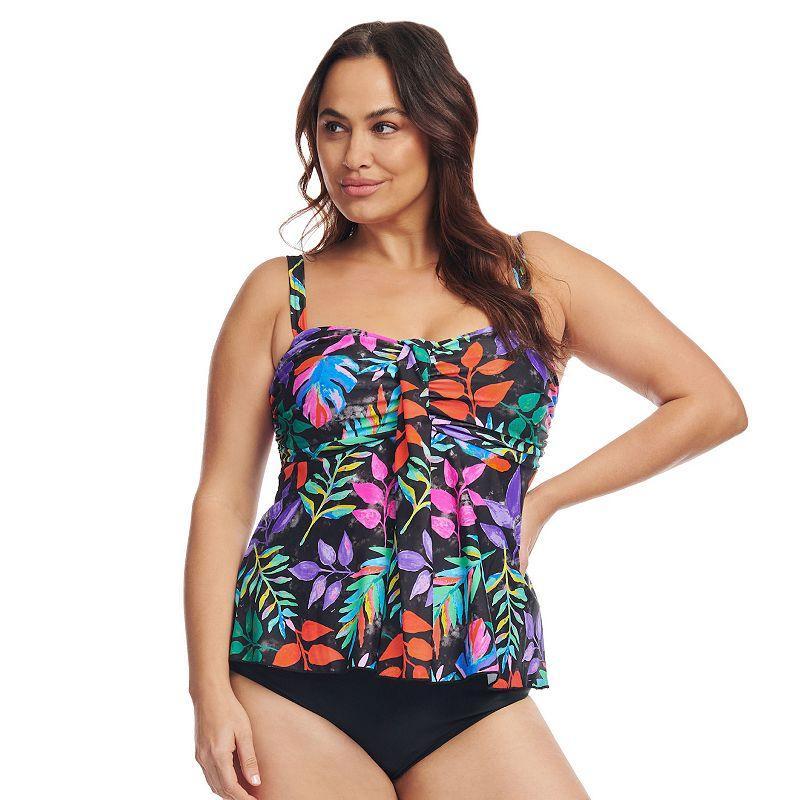 Plus Size Mazu Tropical Flora Draped Bandeau Tankini Swim Top, Womens Product Image