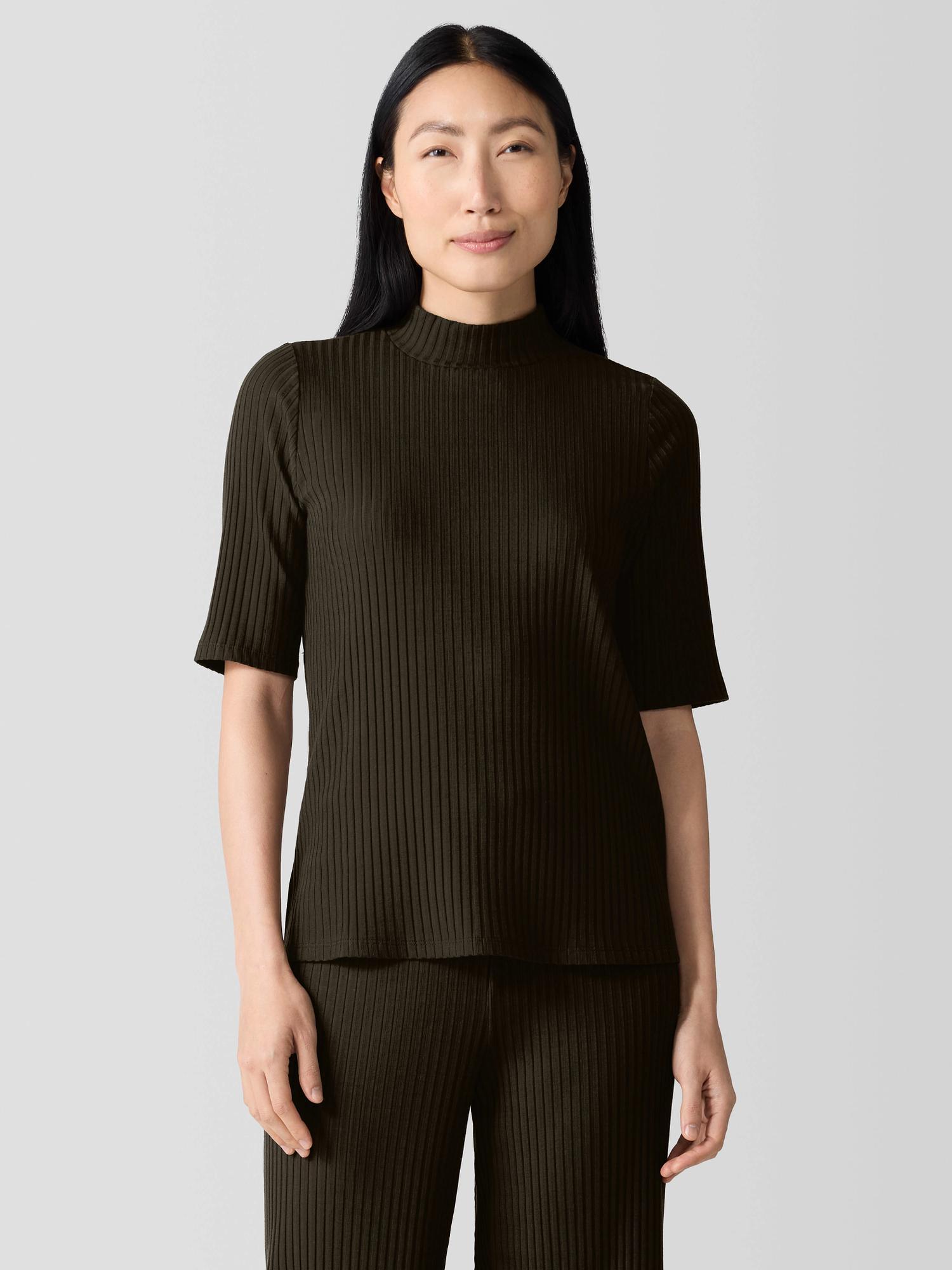 EILEEN FISHER Textured Stretch Rib Mock Neck Topfemale Product Image