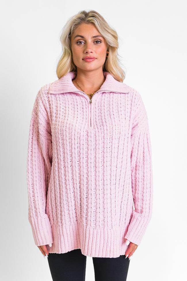 Forever Yours Pink Cable Knit Chenille Quarter Zip Sweater Product Image