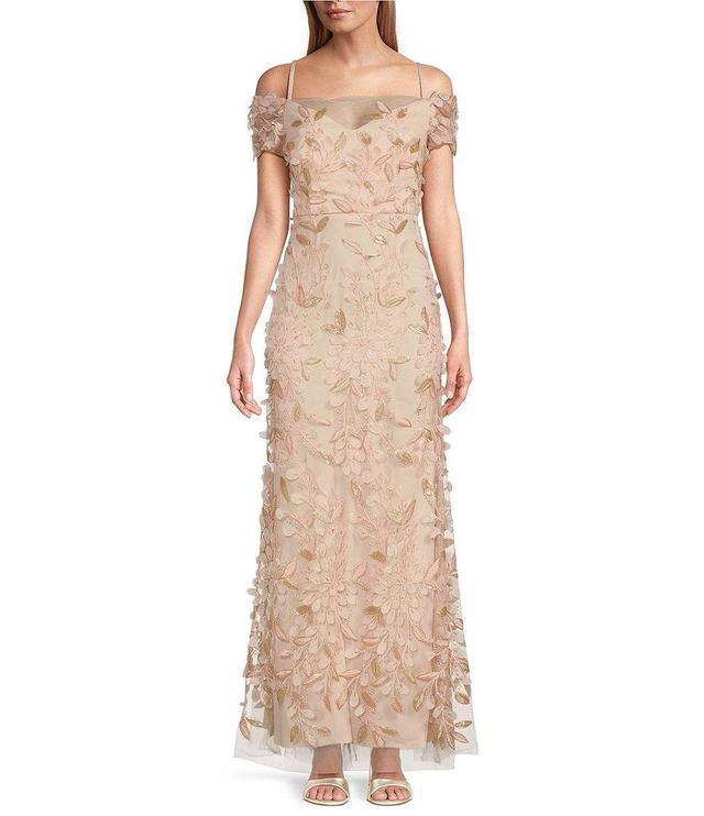 R & M Richards Cap Sleeve Off-The-Shoulder Embroidered Sequin Glitter Gown Product Image