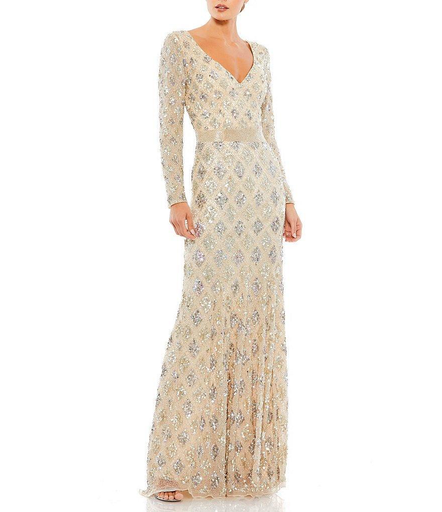 Mac Duggal Sequin Plunge V-Neck Long Sleeve Sheath Gown Product Image