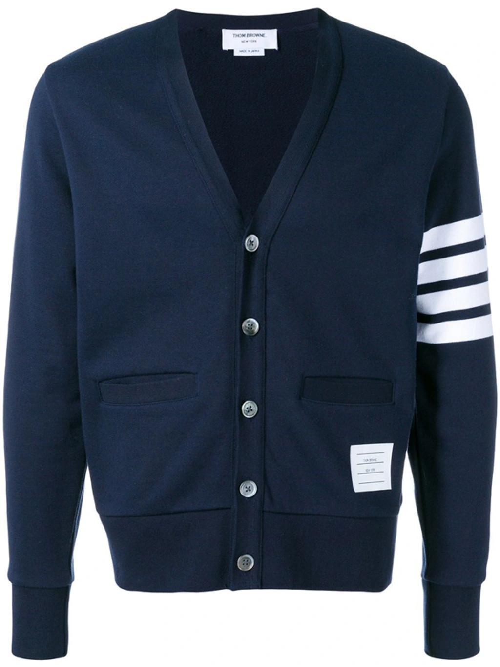 Four-bar Sleeve-stripe Cotton Cardigan In Blue Product Image