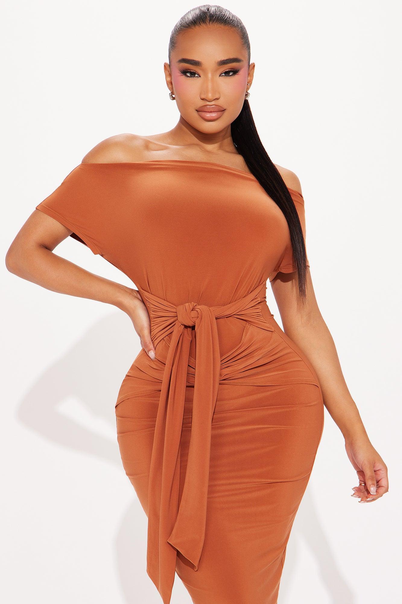 Lorelei Off Shoulder Midi Dress - Cognac Product Image