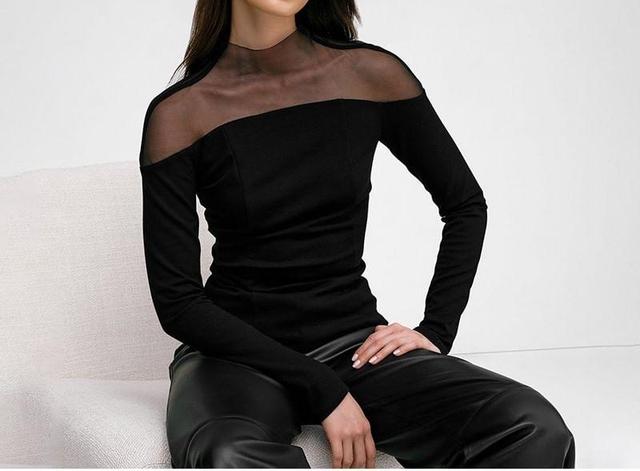 Long-Sleeve Mock Neck Plain Mesh Panel T-Shirt Product Image