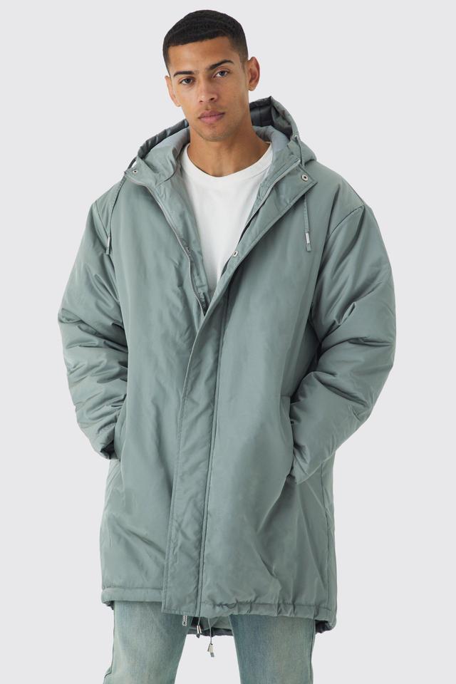 Mens Green Oversized Satin Padded Longline Parka In Sage, Green Product Image