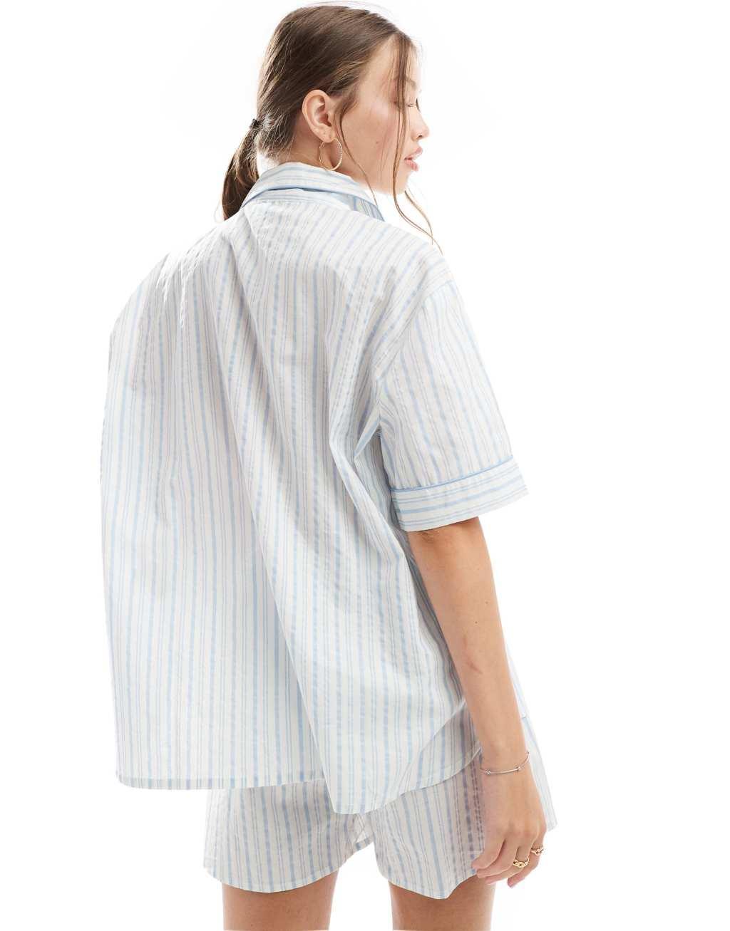 ASOS DESIGN woven stripe short sleeve shirt & short pajama set in blue Product Image