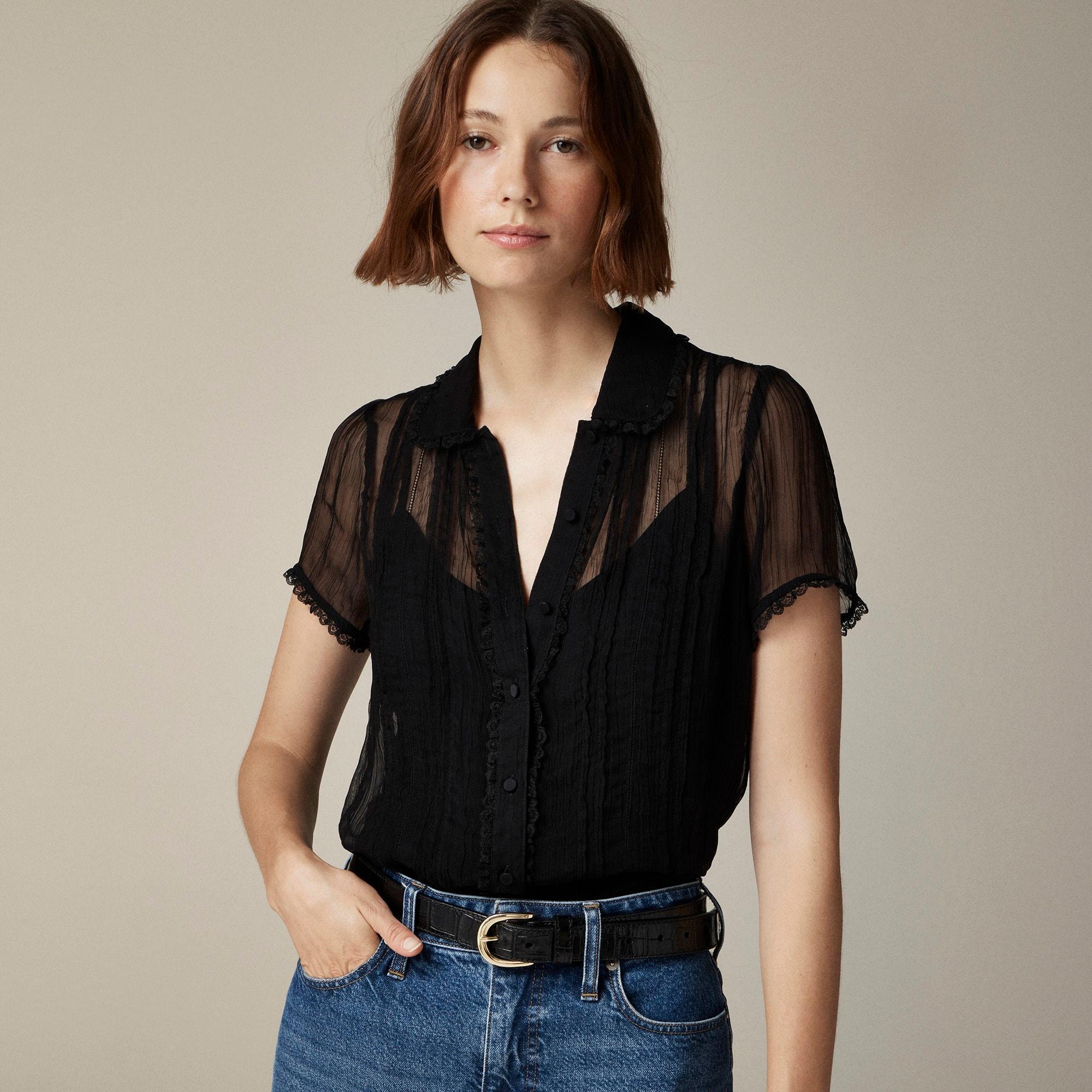 Sheer lace-trim button-up shirt Product Image