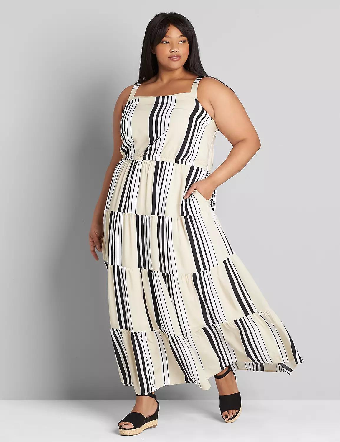 Striped Square-Neck Tiered Maxi Dress Product Image