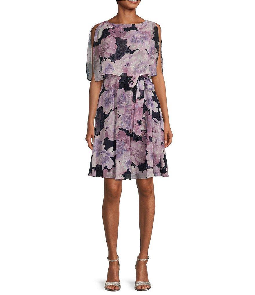 Jessica Howard Sleeveless Boat Neck Floral Popover Chiffon Dress Product Image