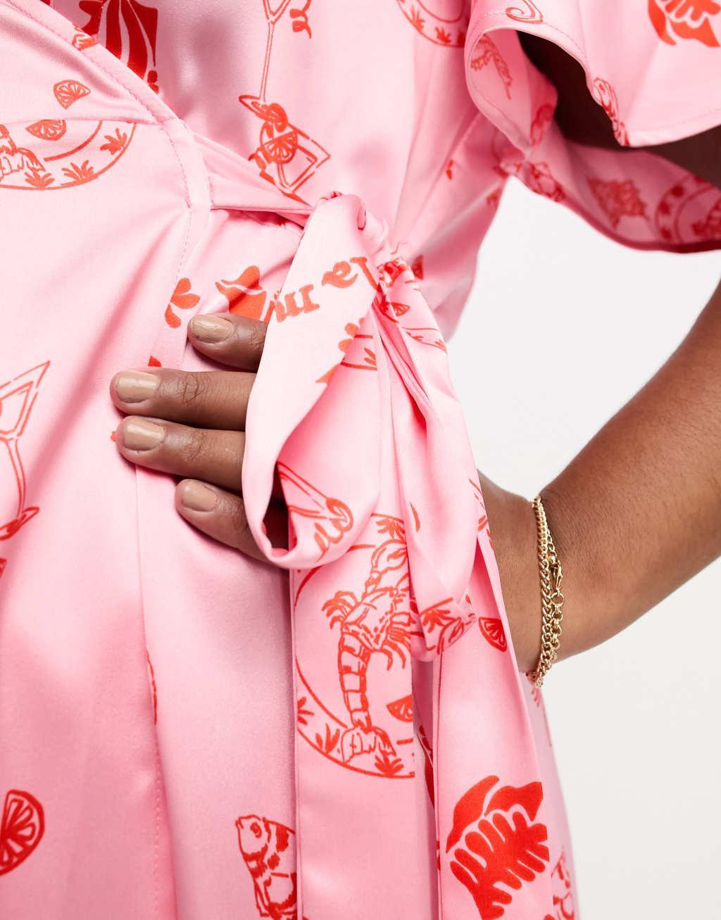 Never Fully Dressed Plus wrap tie midi dress in pink la mer print Product Image