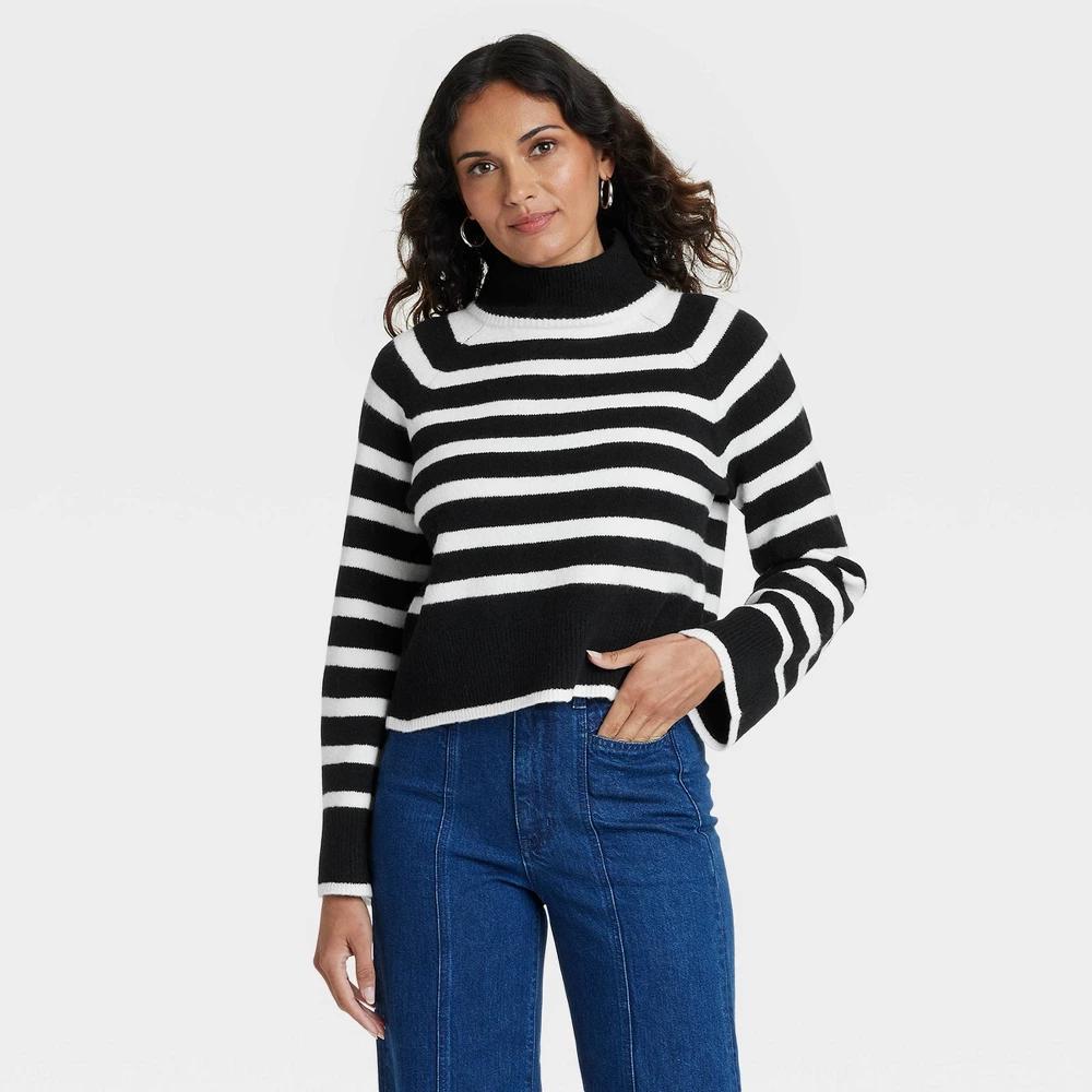 Womens Cozy Knit Mock Turtleneck Pullover Sweater - Universal Thread Black Striped Product Image