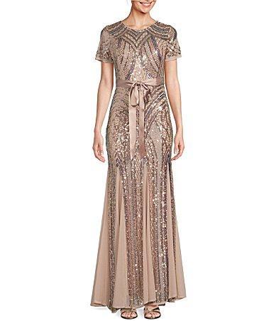 R  M Richards Short Sleeve Crew Neck Godet Skirt Beaded Rainbow Sequin Power Mesh Gown Product Image