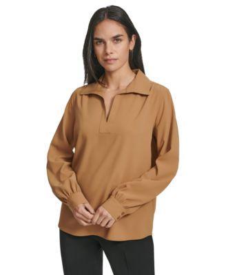 Calvin Klein Womens Long Sleeve V-Neck Collared Blouse Product Image