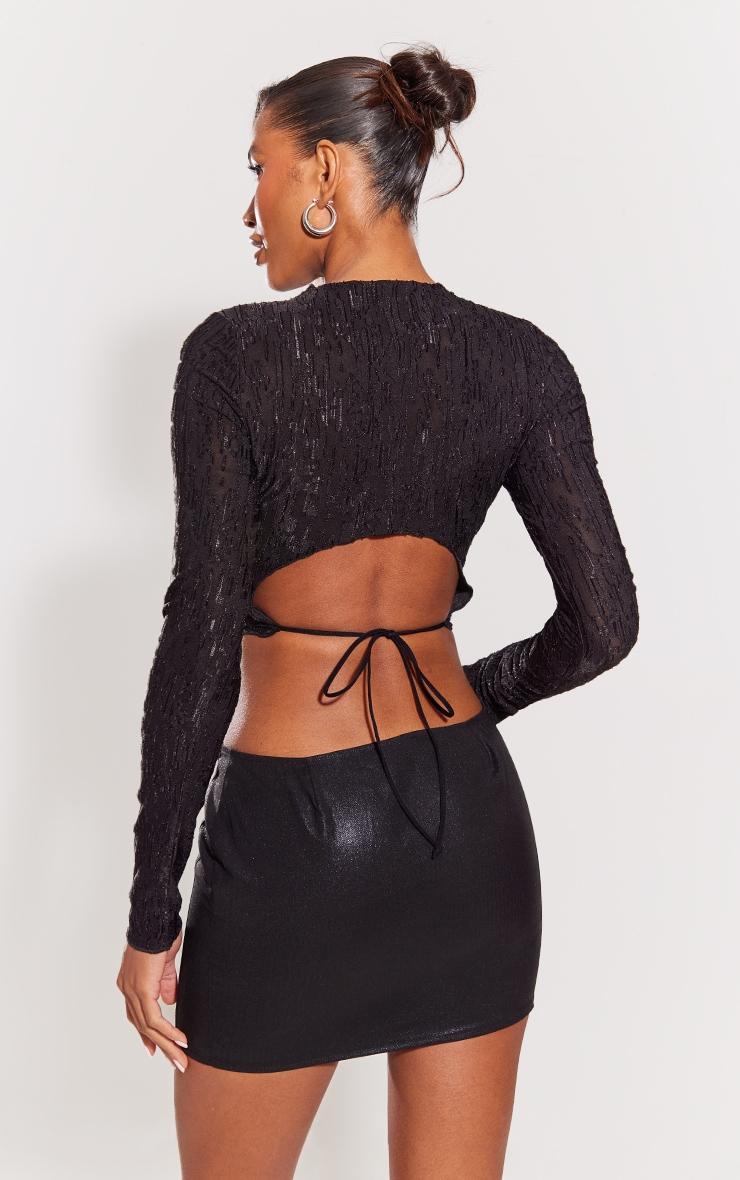 Black Textured Long Sleeve Open Back Crop Top Product Image