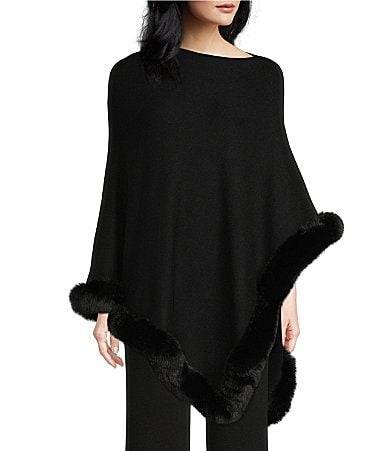 Ming Wang Knit Asymmetrical Neck 34 Sleeve Faux Fur Trim Poncho Product Image