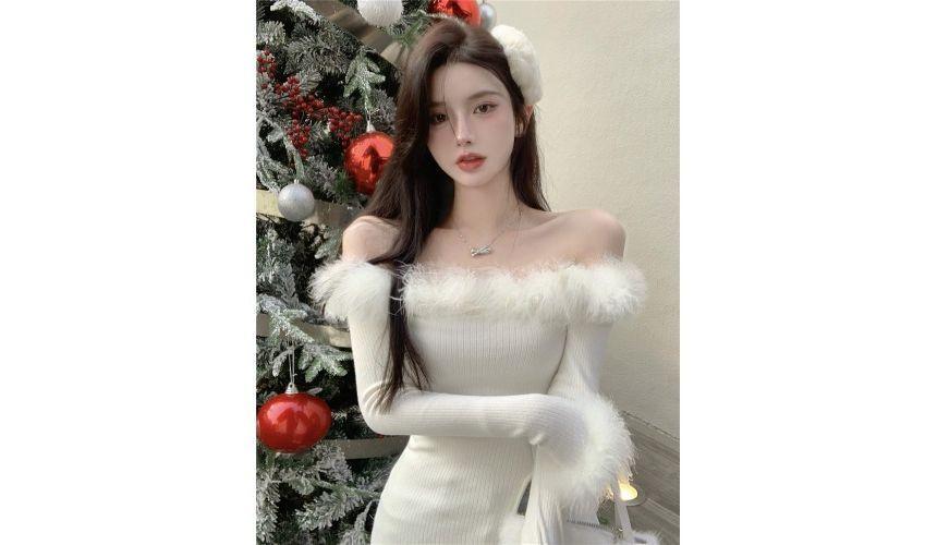 Off-Shoulder Plain Fluffy Trim Ribbed Side-Slit Sweater Product Image