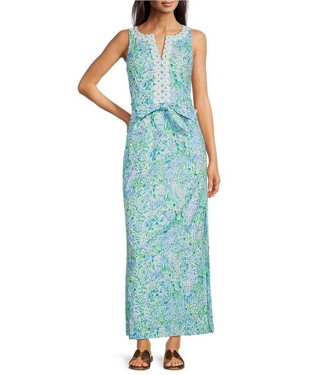 Lilly Pulitzer Gulianna Woven Floral Print Notch V-Neck Sleeveless Lilly Lace Trim Maxi Shift Dress Product Image