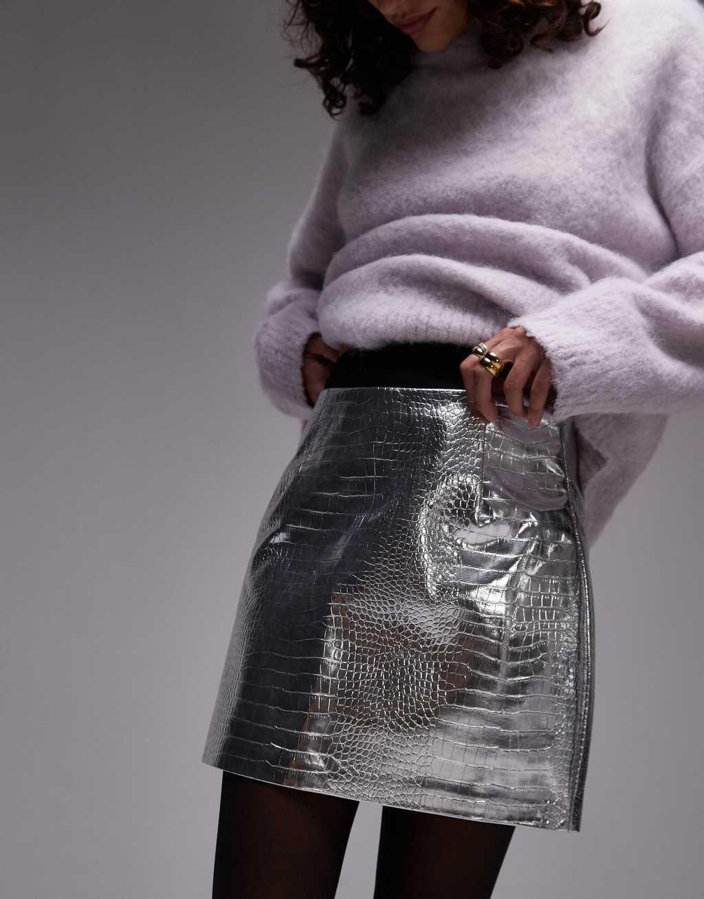 Topshop faux leather editor pelmet skirt in silver snake Product Image