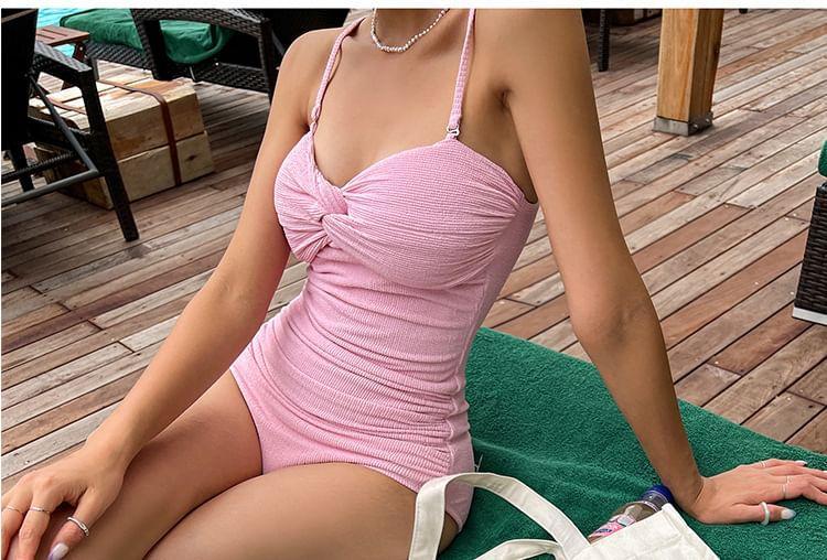 Spaghetti Strap Plain Ruched Swimsuit Product Image