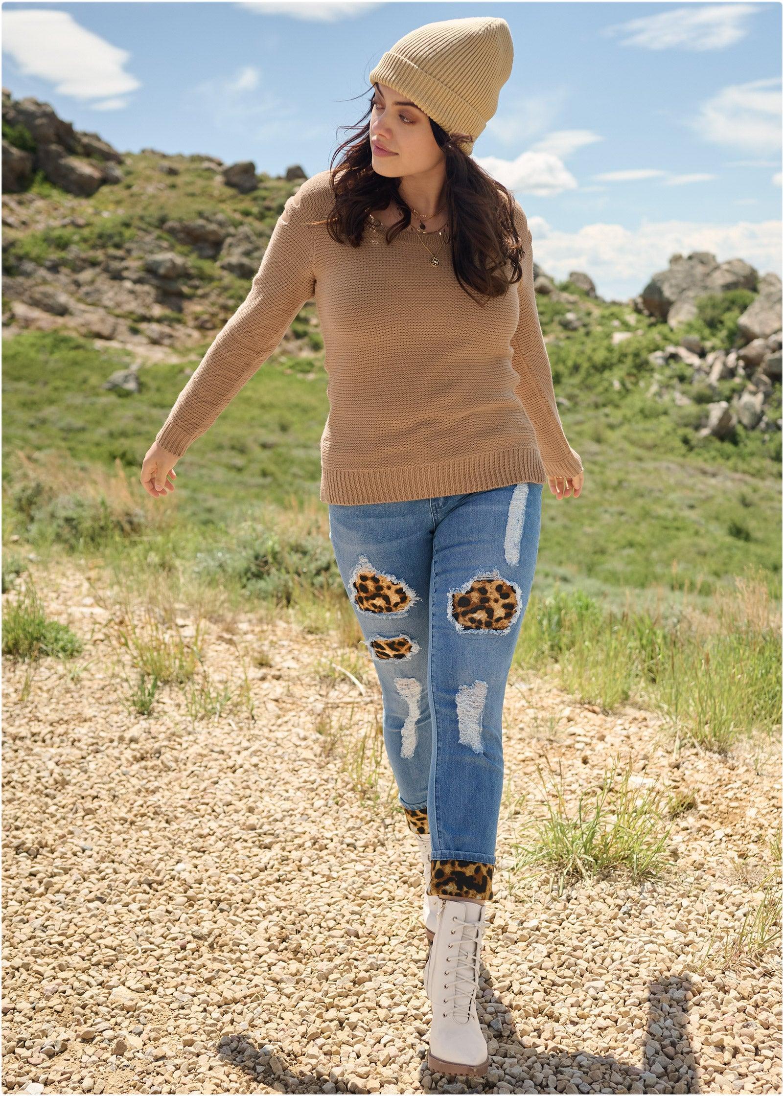 Leopard Cuffed Jeans - Light Wash product image