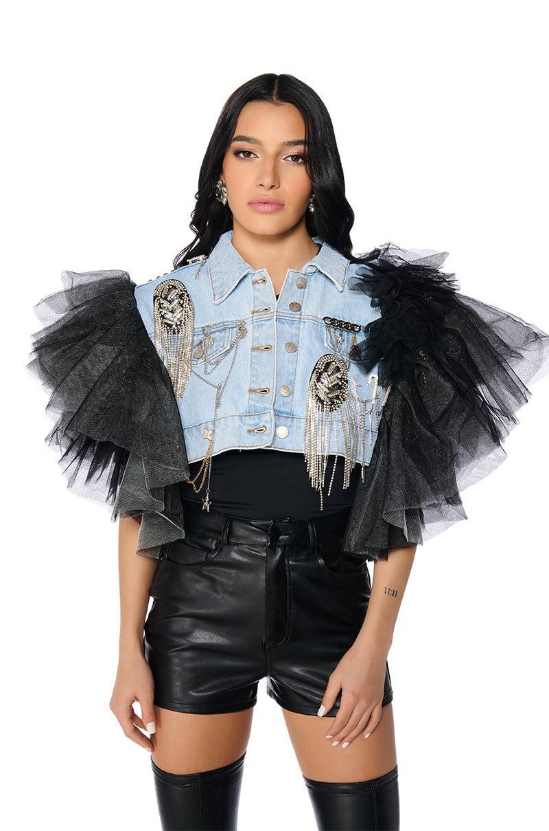 BEBE LUXE EMBELLISHED DENIM AND TULLE CROP VEST Product Image