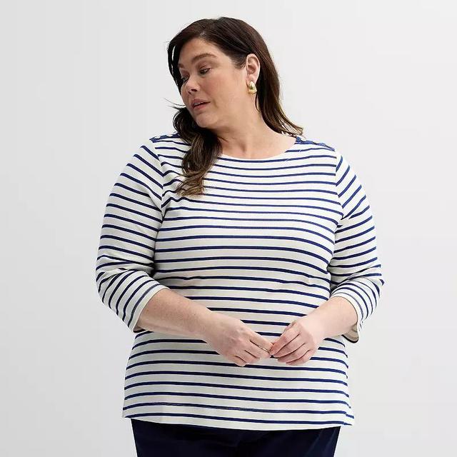 Plus Size Croft & Barrow 3/4-Sleeve Button Shoulder Top, Womens Blue Mod Stripe Product Image