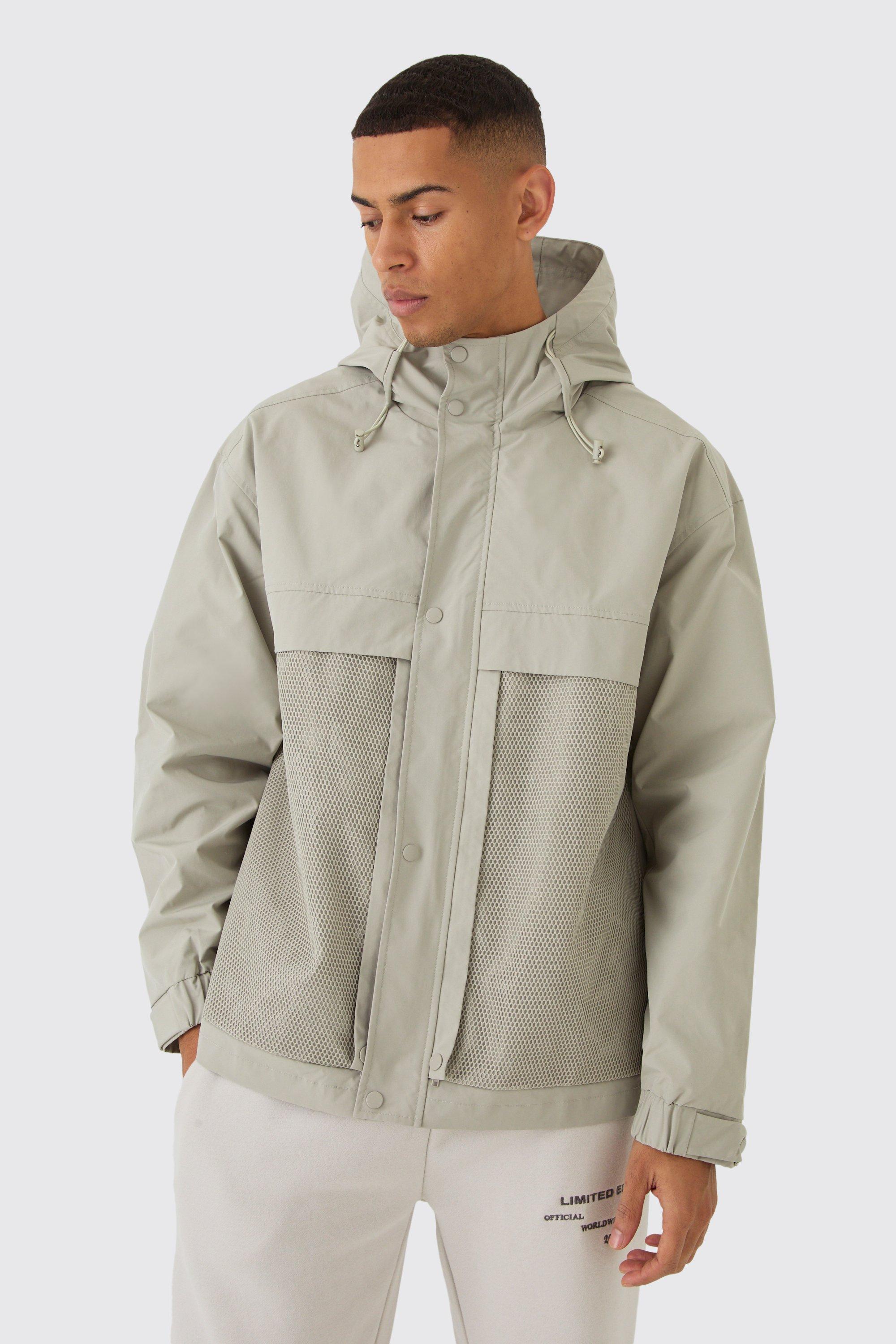 Hooded Mesh Panel Tech Parka In Stone | boohooMAN USA Product Image