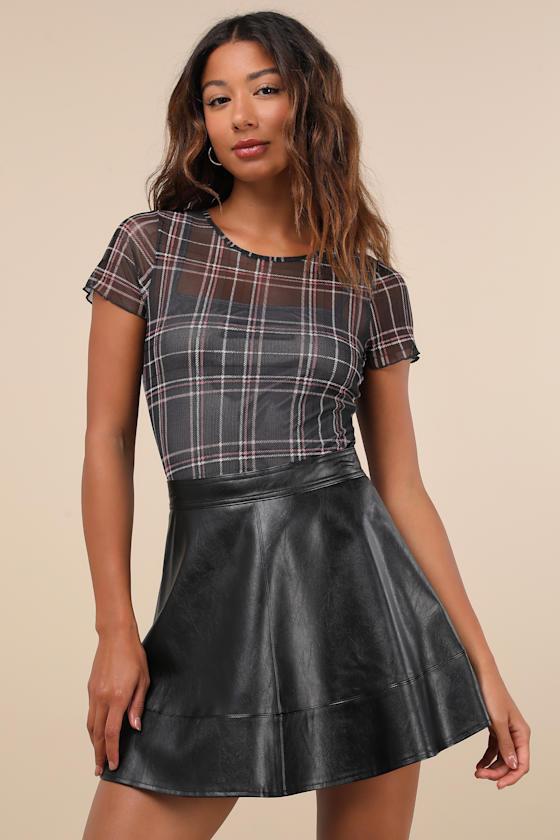 Modish Cutie Black Vegan Leather High-Rise Skater Mini Skirt Product Image