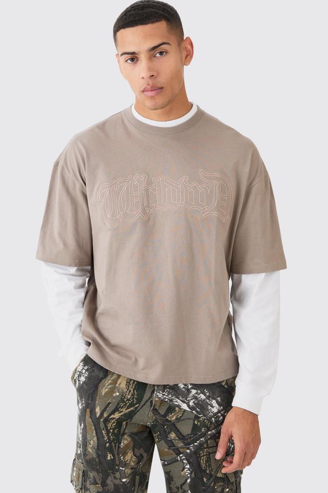 Mens Beige Oversized Boxy Faux Layer Embroidered T-shirt, Beige Product Image