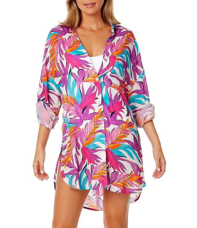 Anne Cole Dance Floor Palm Print Point Collar Button Front Swim Cover-Up Boyfriend Shirt Product Image