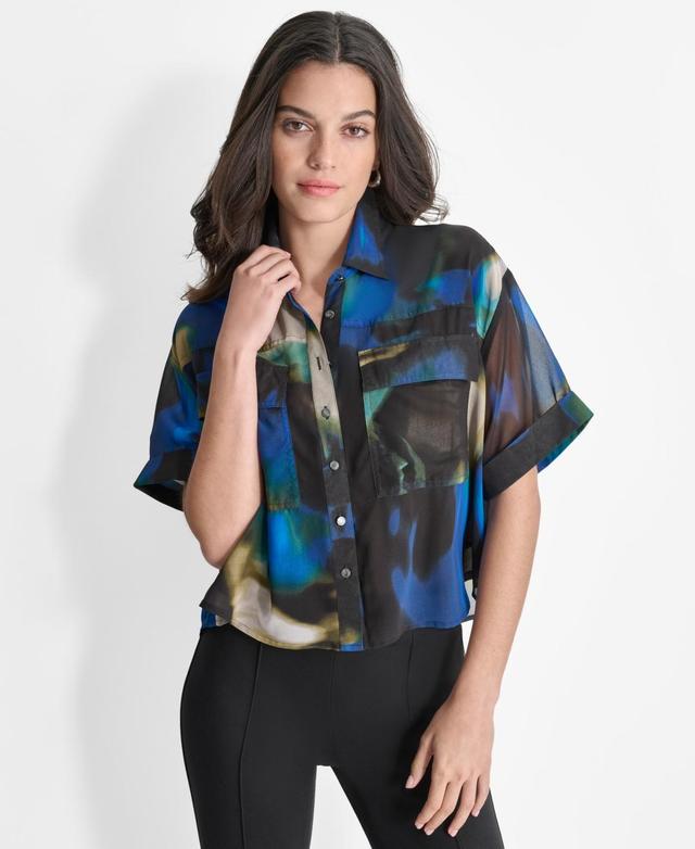 Dkny Womens Printed Short-Sleeve Button-Front Blouse Product Image