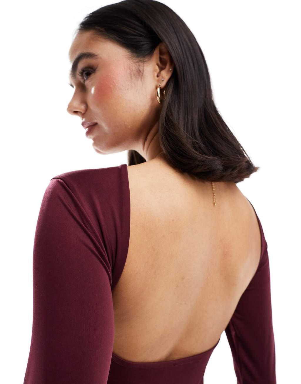 Stradivarius slash neck open back long sleeve top in burgundy Product Image