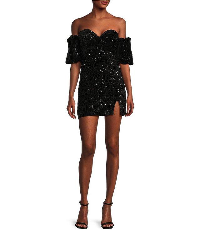 Honey and Rosie Shoulder Puff Short Sleeve Tamia Sequins Velvet Dress Product Image