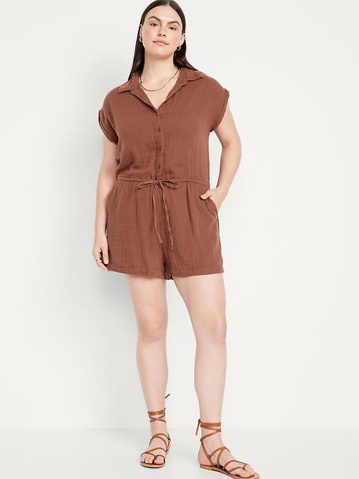 Waist-Defined Crinkle Gauze Romper -- 3-inch inseam Product Image