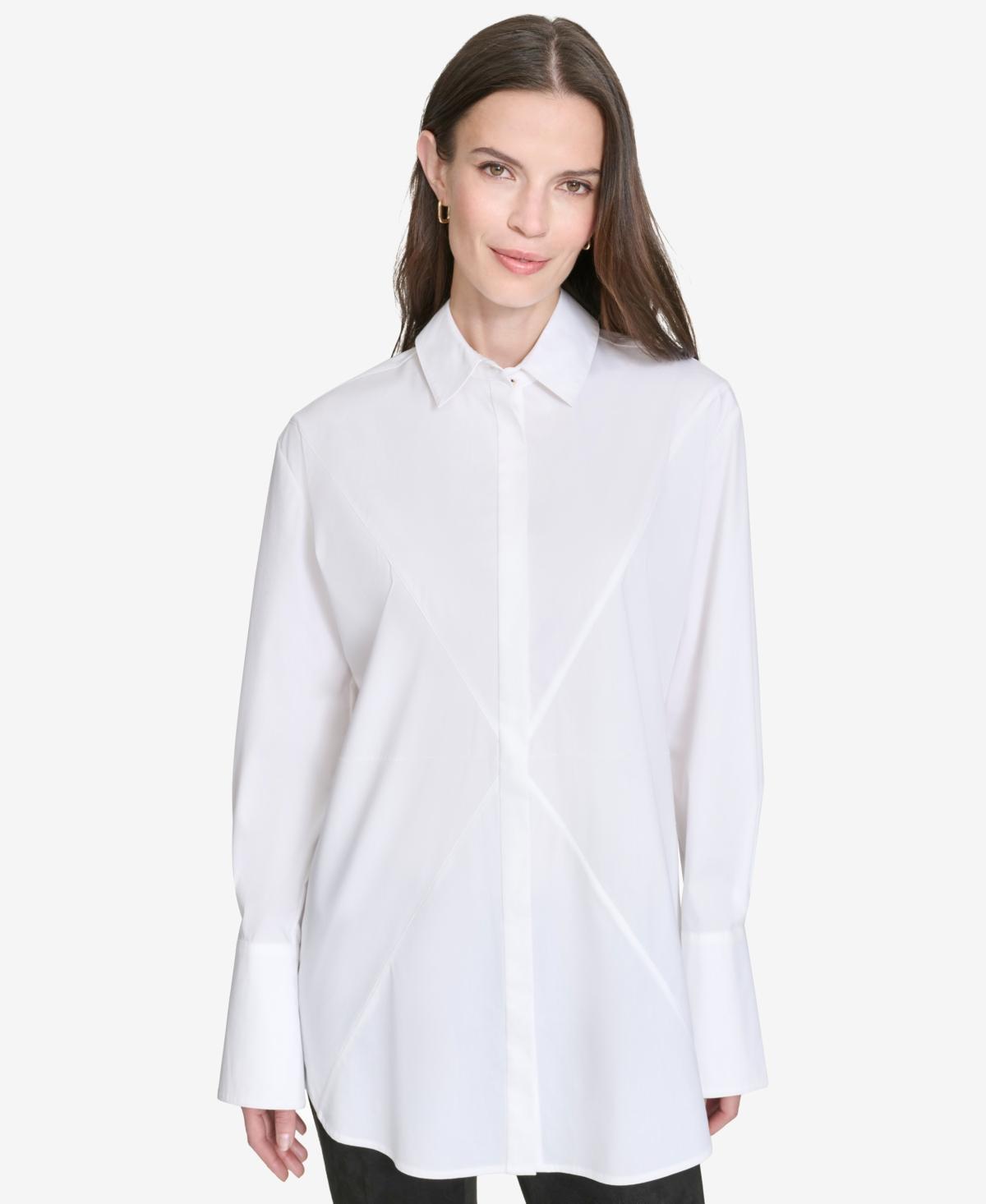 Halston Womens Cotton Star-Seamed Barrel-Cuff Shirt Product Image