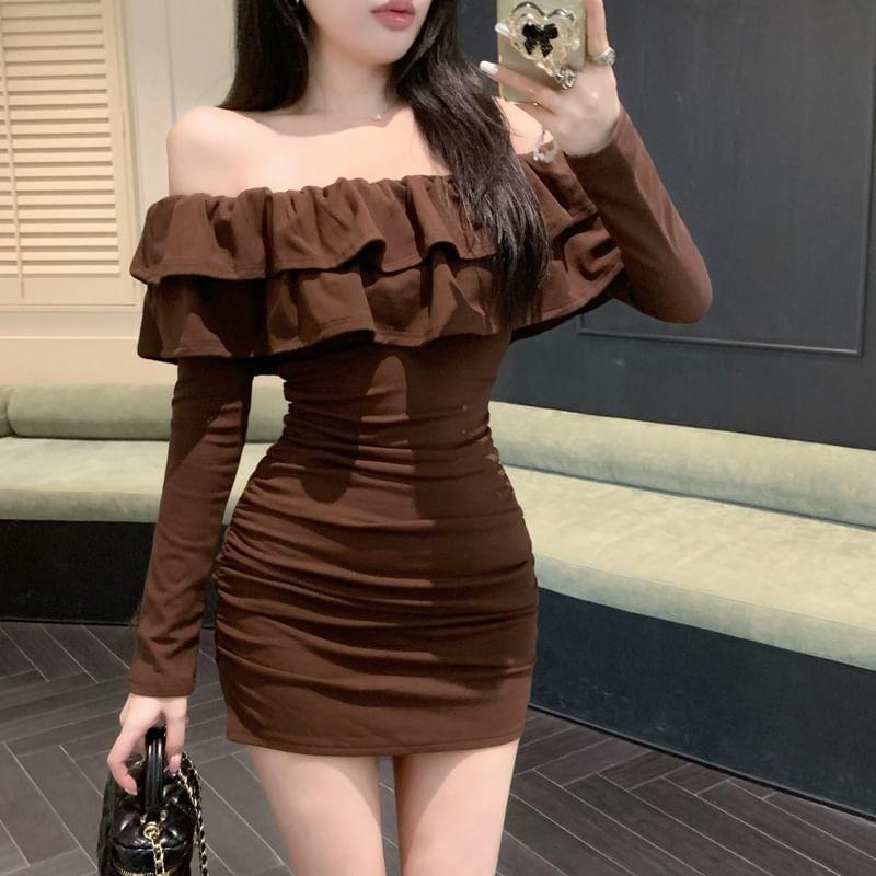 Long Sleeve Off Shoulder Plain Ruffle Ruched Mini Sheath Dress Product Image