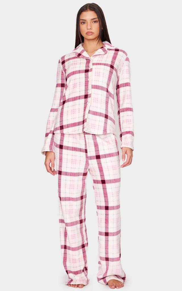 Pink Check Print Fleece Button Down Long Pj Set Product Image