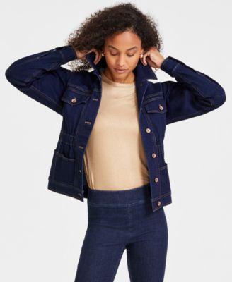 Anne Klein Womens Button-Front Shirred Denim Jacket product image