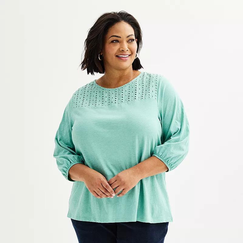 Plus Size Croft & Barrow Eyelet Yoke 3/4-Sleeve Top, Womens Product Image