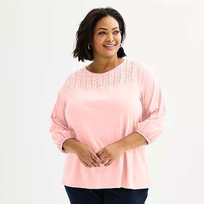 Plus Size Croft & Barrow Eyelet Yoke 3/4-Sleeve Top, Womens Product Image