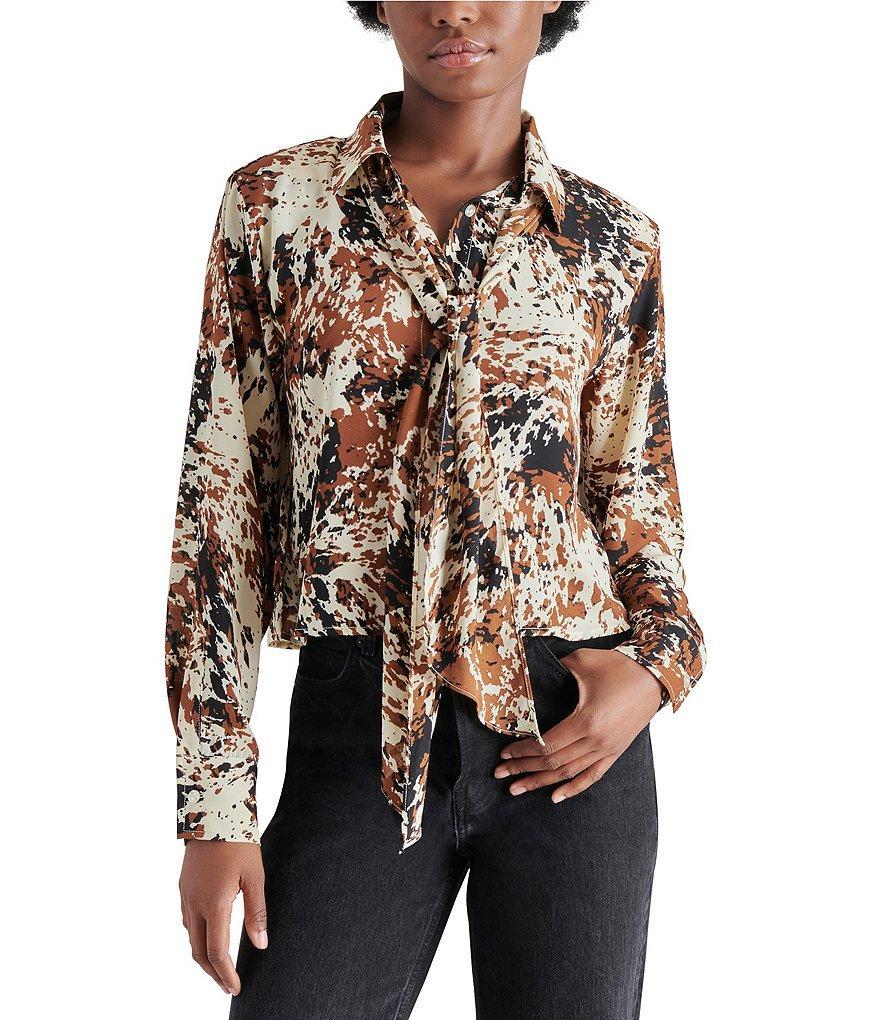 Steve Madden Noelle Printed Button Down Collar Neck Long Sleeve Tie Scarf Top Product Image