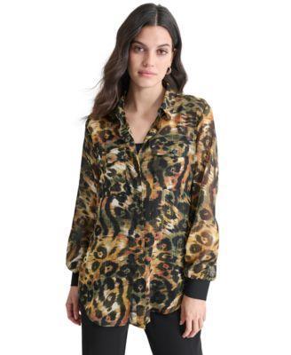 Women's Printed Chiffon Button-Front Blouse Product Image