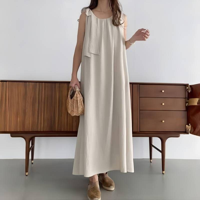 Sleeveless Scoop Neck Plain Bow Ruched Maxi Tunic Dress product image