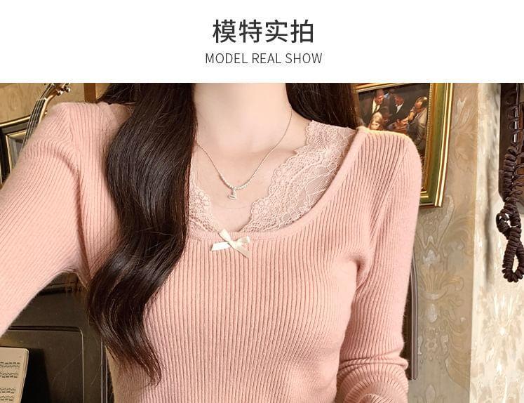 Long-Sleeve V-Neck Plain Lace Trim Ribbed Knit Top Product Image