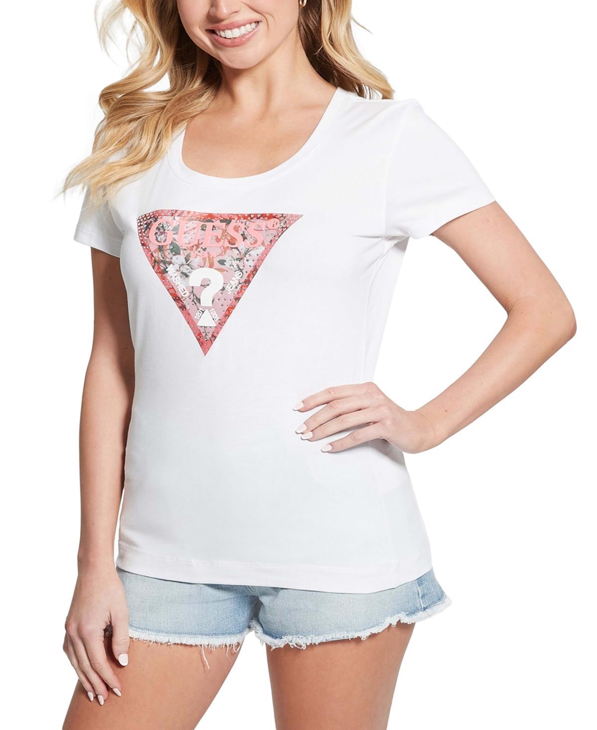 Guess Womens Embellished Triangle Logo Scoop-Neck T-Shirt Product Image